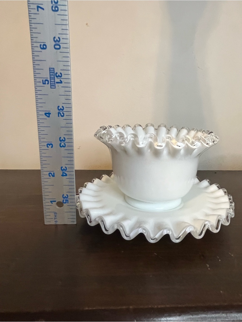 Vintage Fenton Silver Crest ruffled milk glass mayonnaise set bowl & dish - Picture 8 of 9